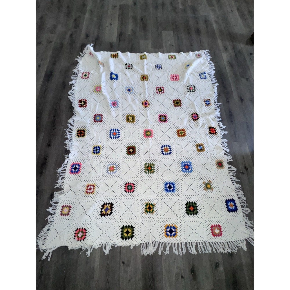 VTG Hand Crochet Granny Square Afghan Blanket 78x100 White Multi Fringe Cottage - Picture 2 of 5